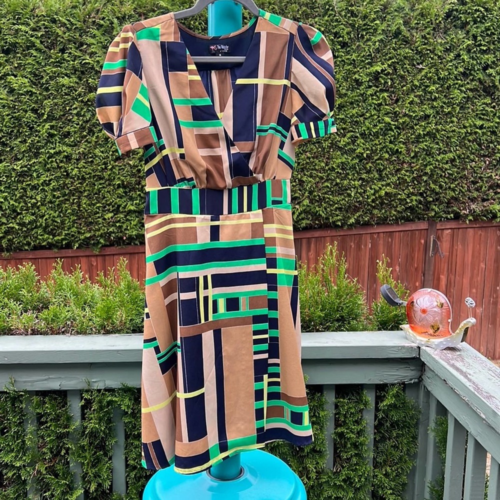 The Webster Miami Dress @Target geometric print faux wrap dress tan navy teacher